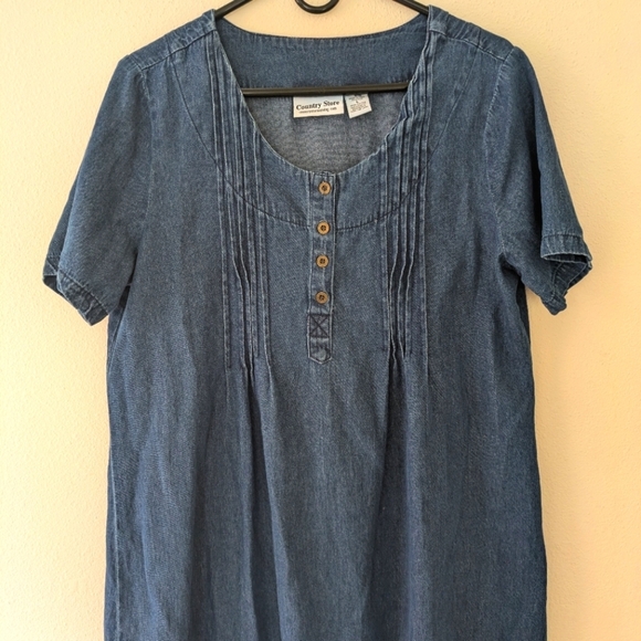 Vintage Country Store Floral Embroidery Denim Dress sz L Cottagecore 100% Cotton - Picture 2 of 8
